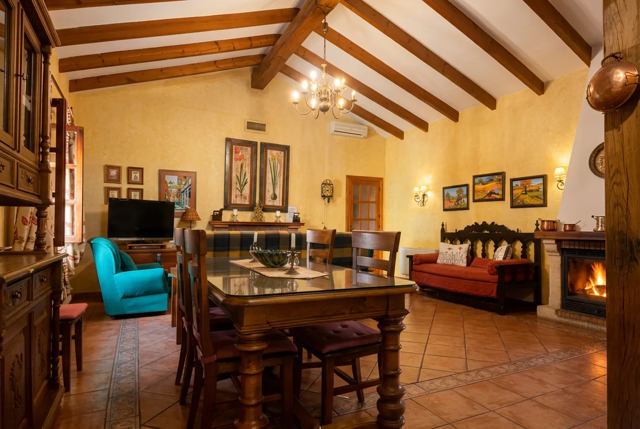 El salón de la casa con la chimenea encendida, mesa de madera y sofás
