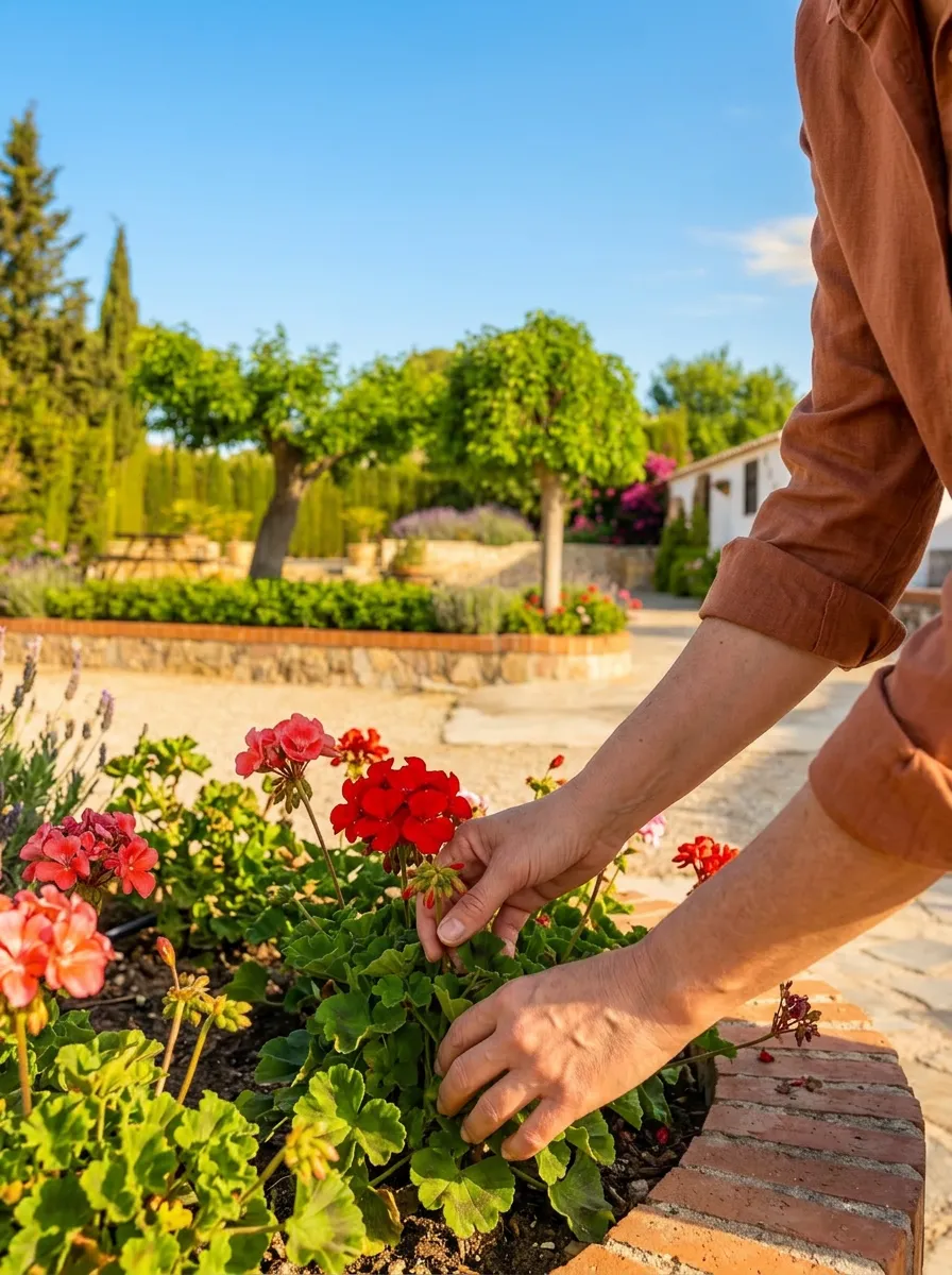 Adela cuidando los geranios del jardín de El Cadillar