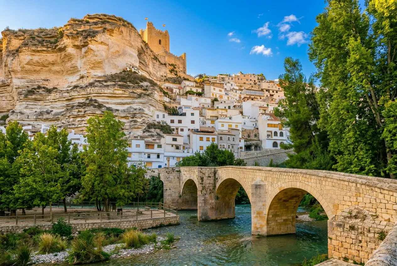El castillo y las casas blancas de Alcalá del Júcar sobre el río