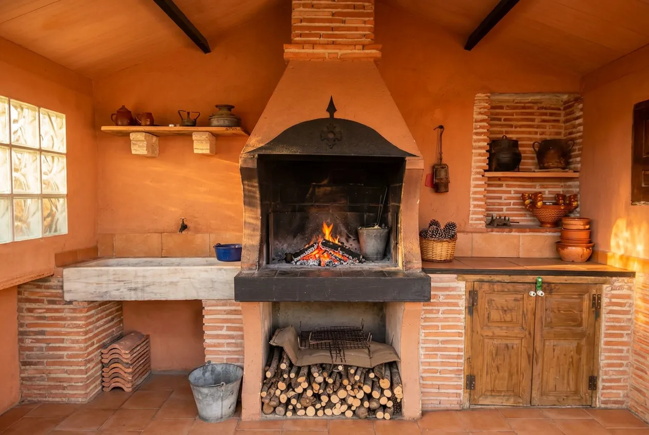 Jardín vallado con barbacoa de obra