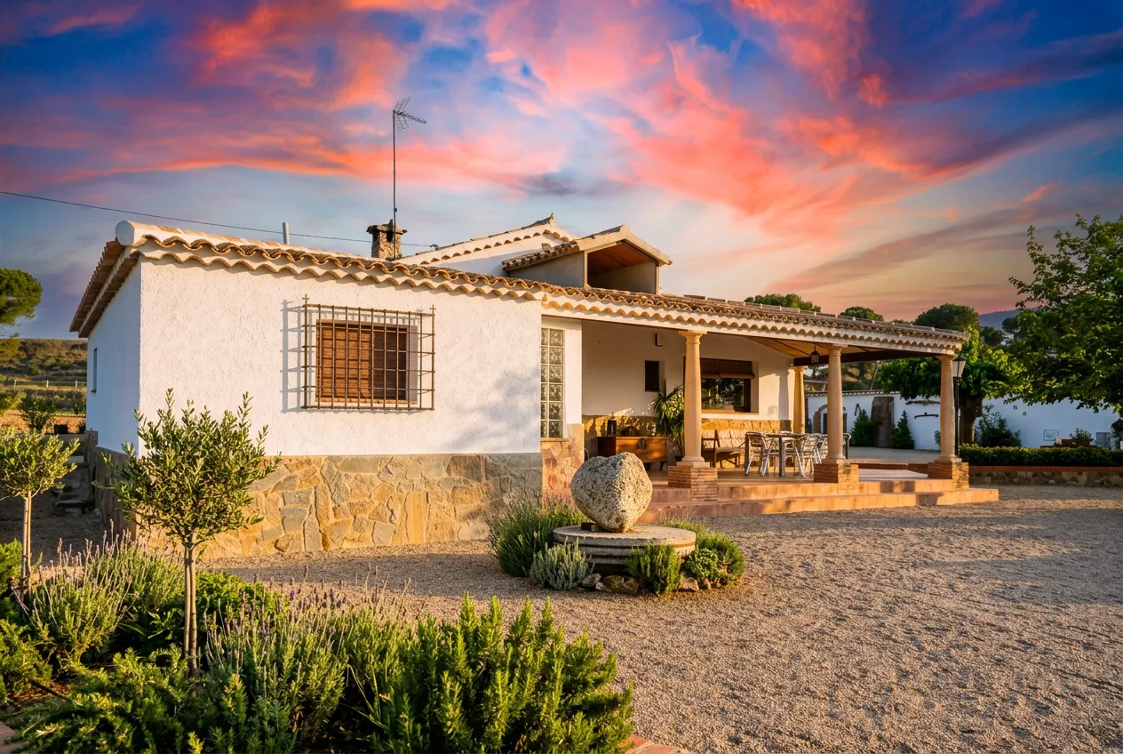 La casa de El Cadillar con luz dorada al atardecer