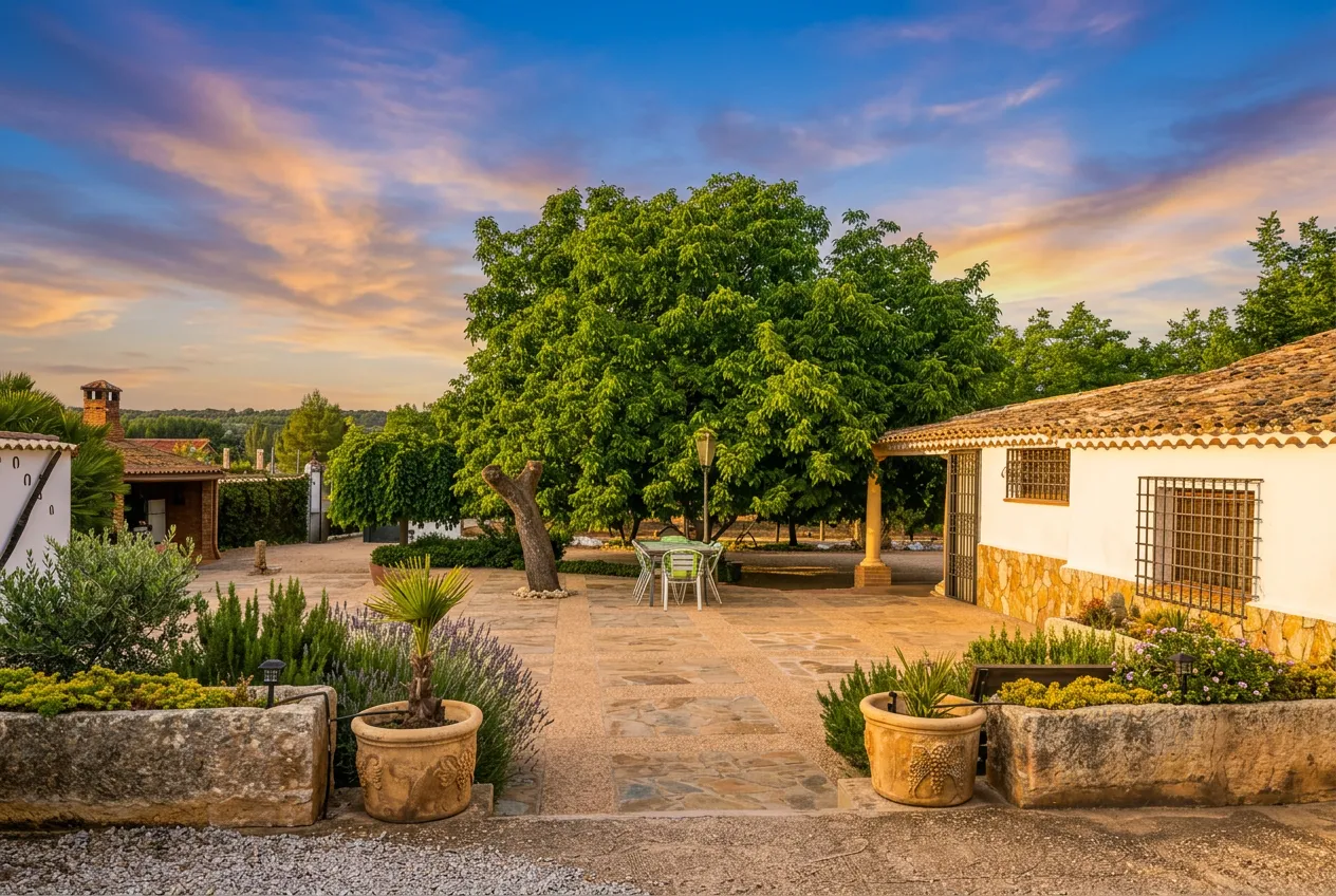 Fachada de la casa de campo al atardecer
