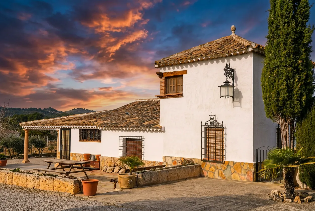 La casa al atardecer, con el ciprés y el cielo encendido sobre el valle