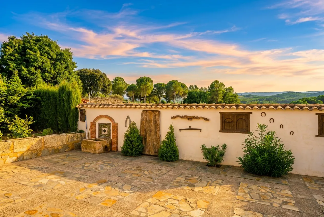 El patio empedrado de El Cadillar al atardecer, con la fuente de azulejos bajo el arco de ladrillo y el muro encalado