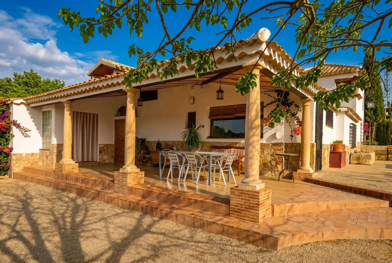La casa rural al atardecer, rodeada de verde