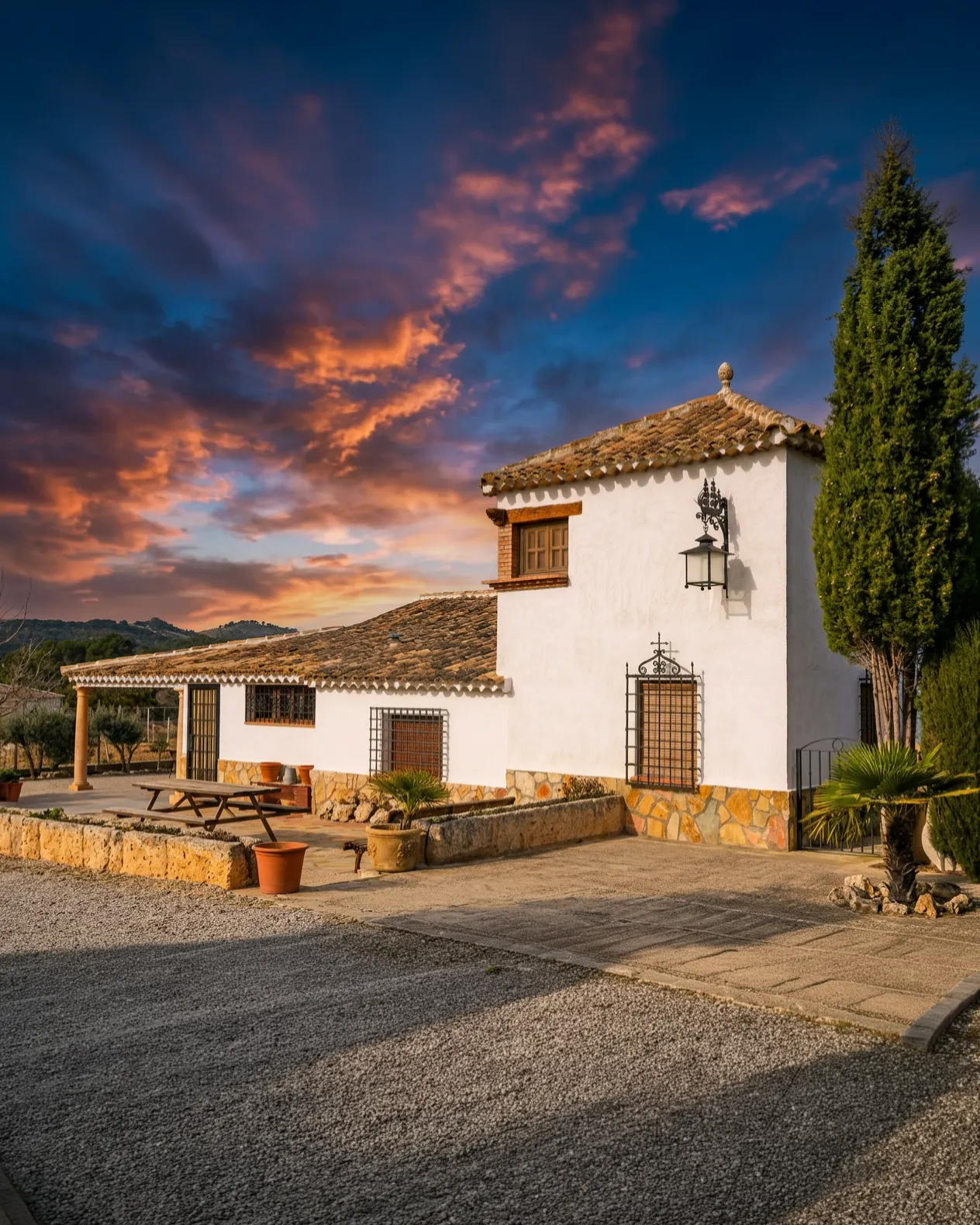 Exterior de la casa rural El Cadillar con el porche y el jardín