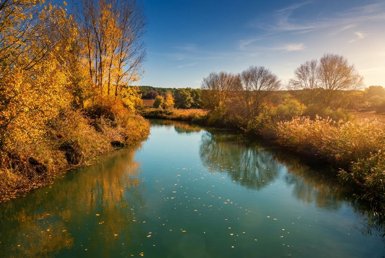 El río Júcar en otoño, con la arboleda de la orilla teñida de dorado y ocre