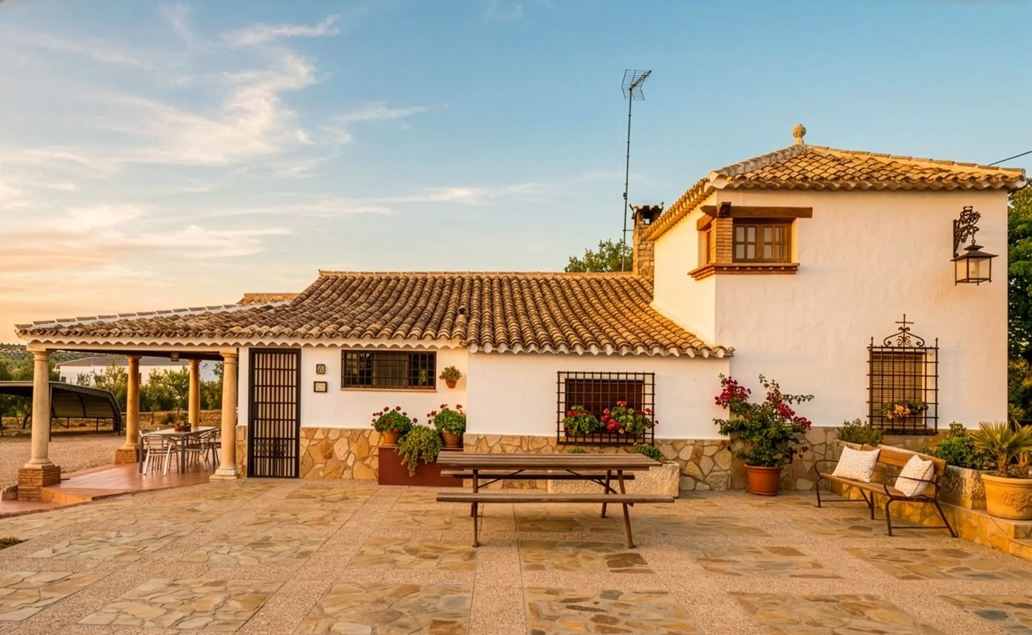 La casa de El Cadillar al atardecer, con la terraza empedrada en primer plano