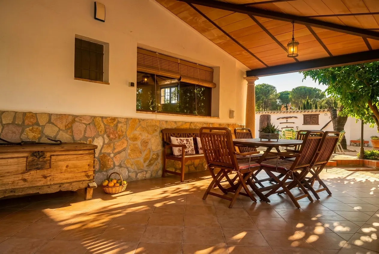 La terraza de la casa en sombra, con mesa de madera, en una tarde de verano