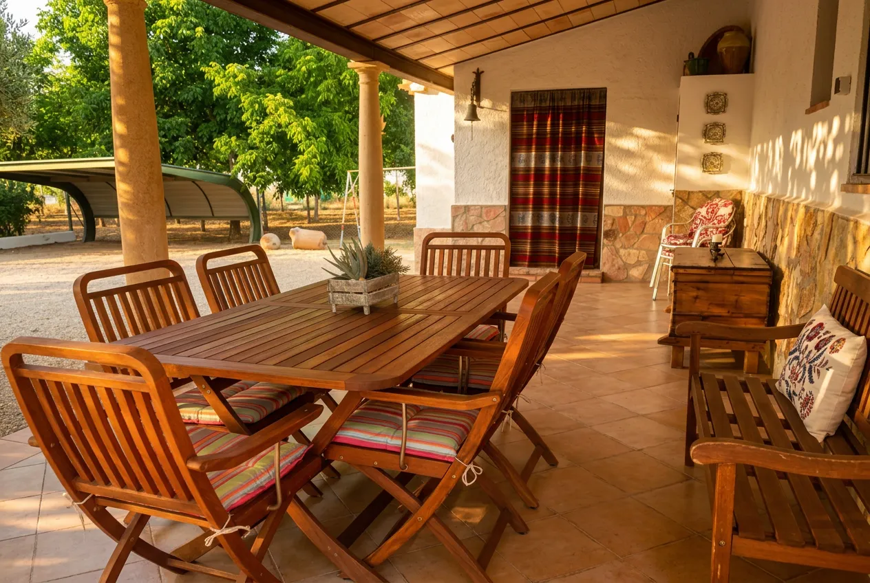 Zona de comedor al aire libre en el porche